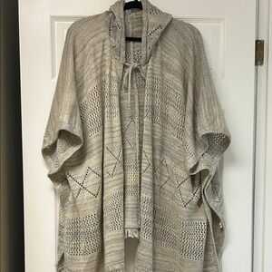 Rigging Beige Knit Hooded Poncho With Hood Tie Front Arm Slits One Size